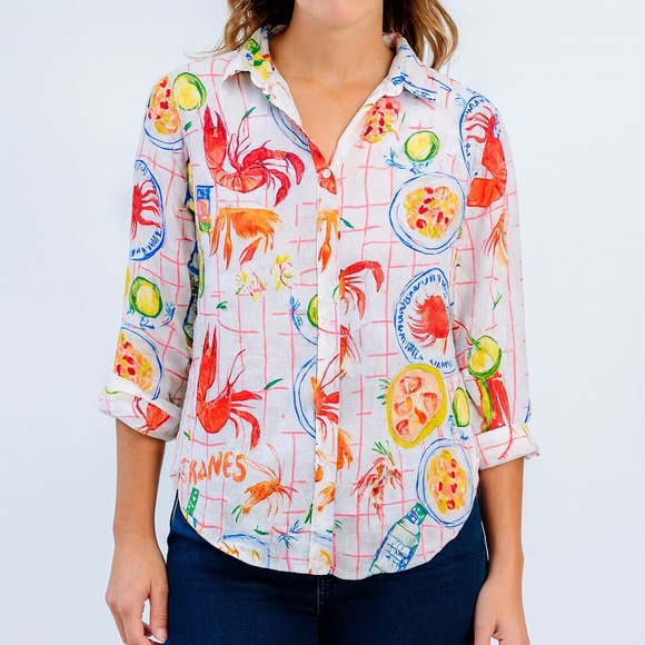 Calypso St. Barth Tops - Calypso St. Barth Button Down Shirt Womens Small White Linen Blend Lobster Print